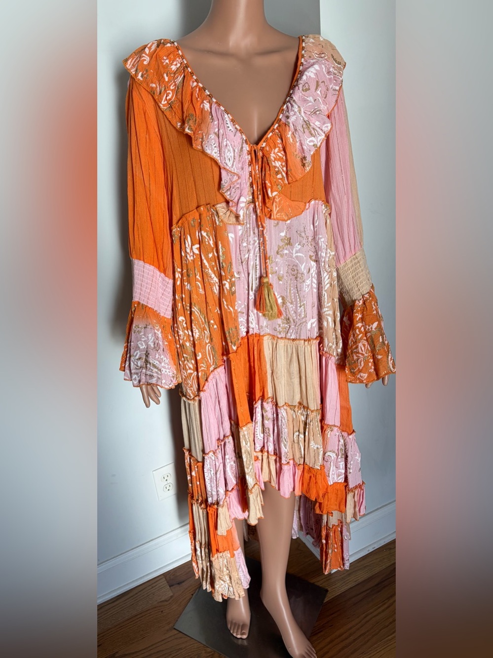 Ranees Color Block Tiered Maxi Dress in Orange & Pink Like New